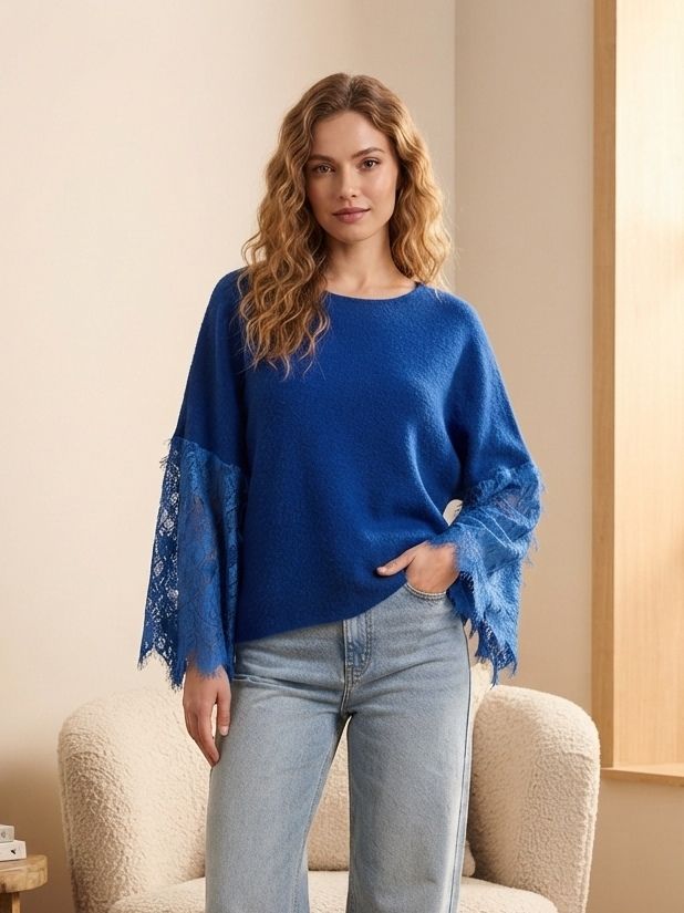 Pull loose à manches chauve-souris et empiècement en dentelle(x6)