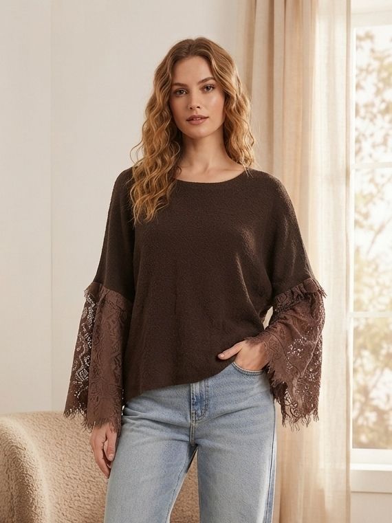 Pull loose à manches chauve-souris et empiècement en dentelle(x6)