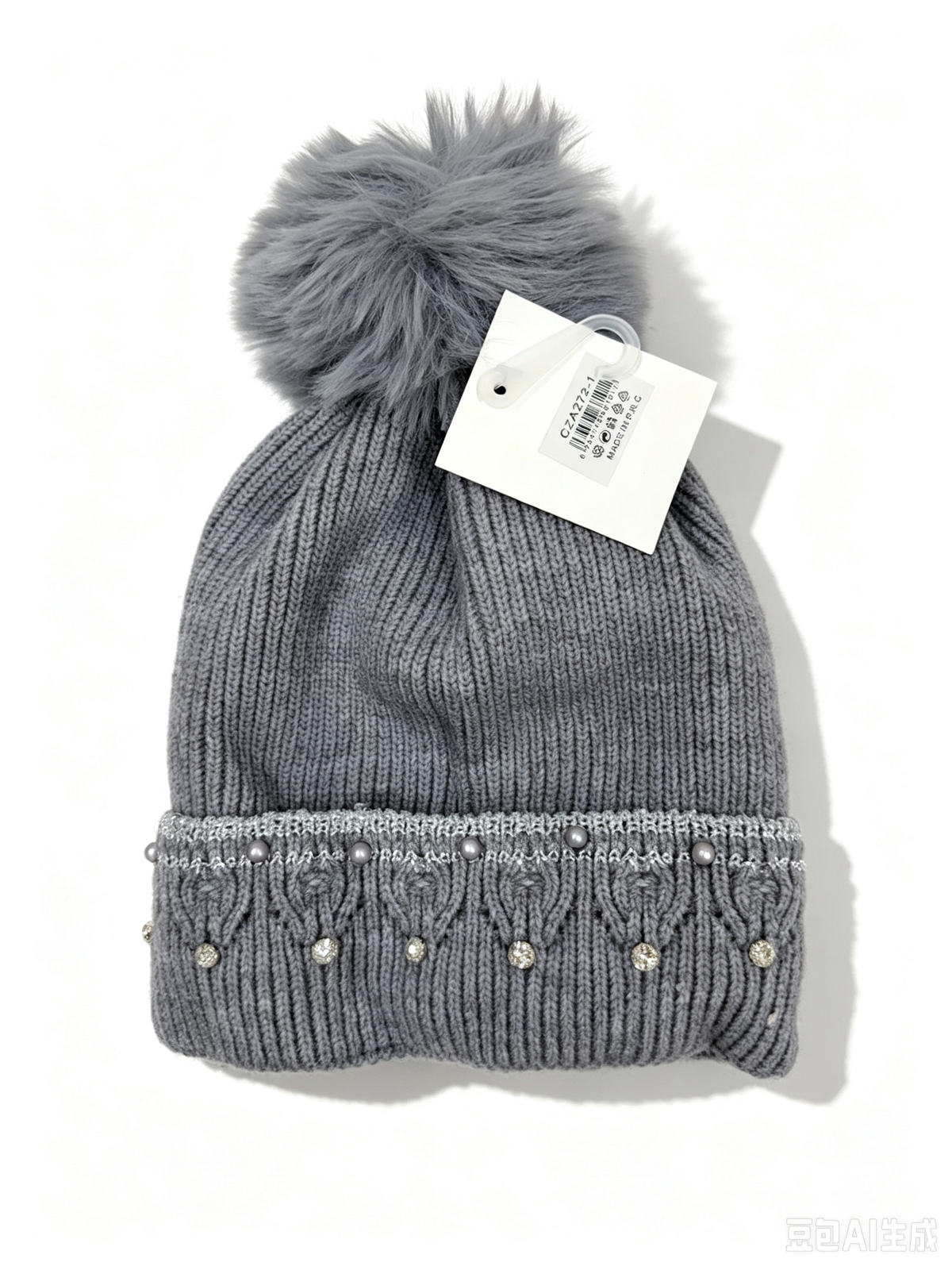 Bonnet en tricot doux avec pompon et strass(x12)