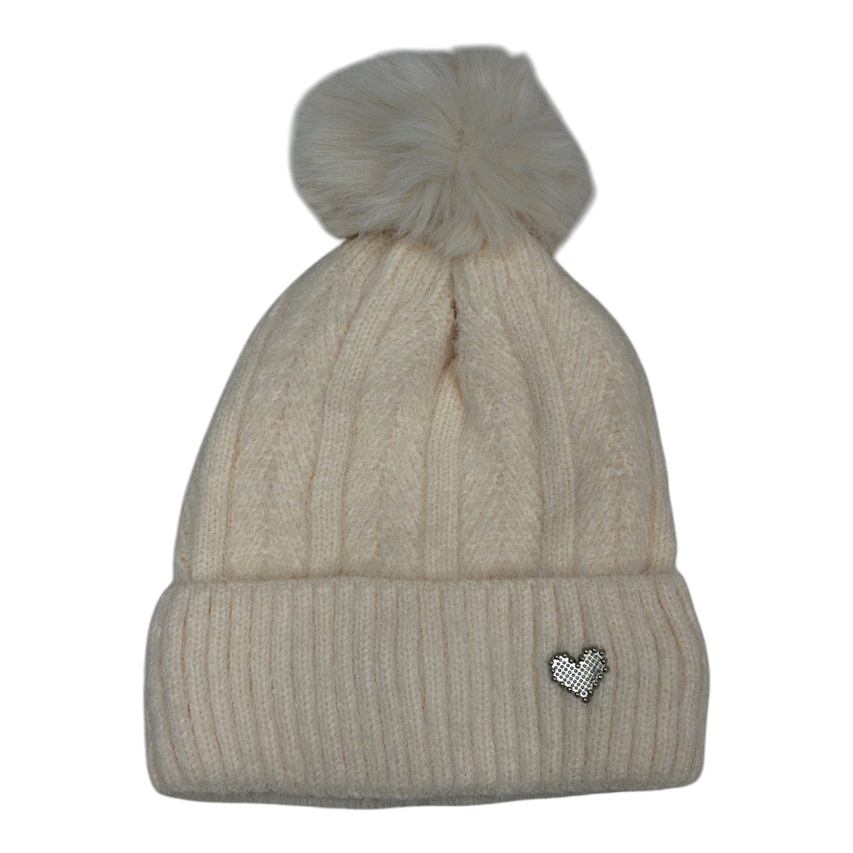 Bonnet tricot torsadé avec pompon et petit cœur (x12)#4