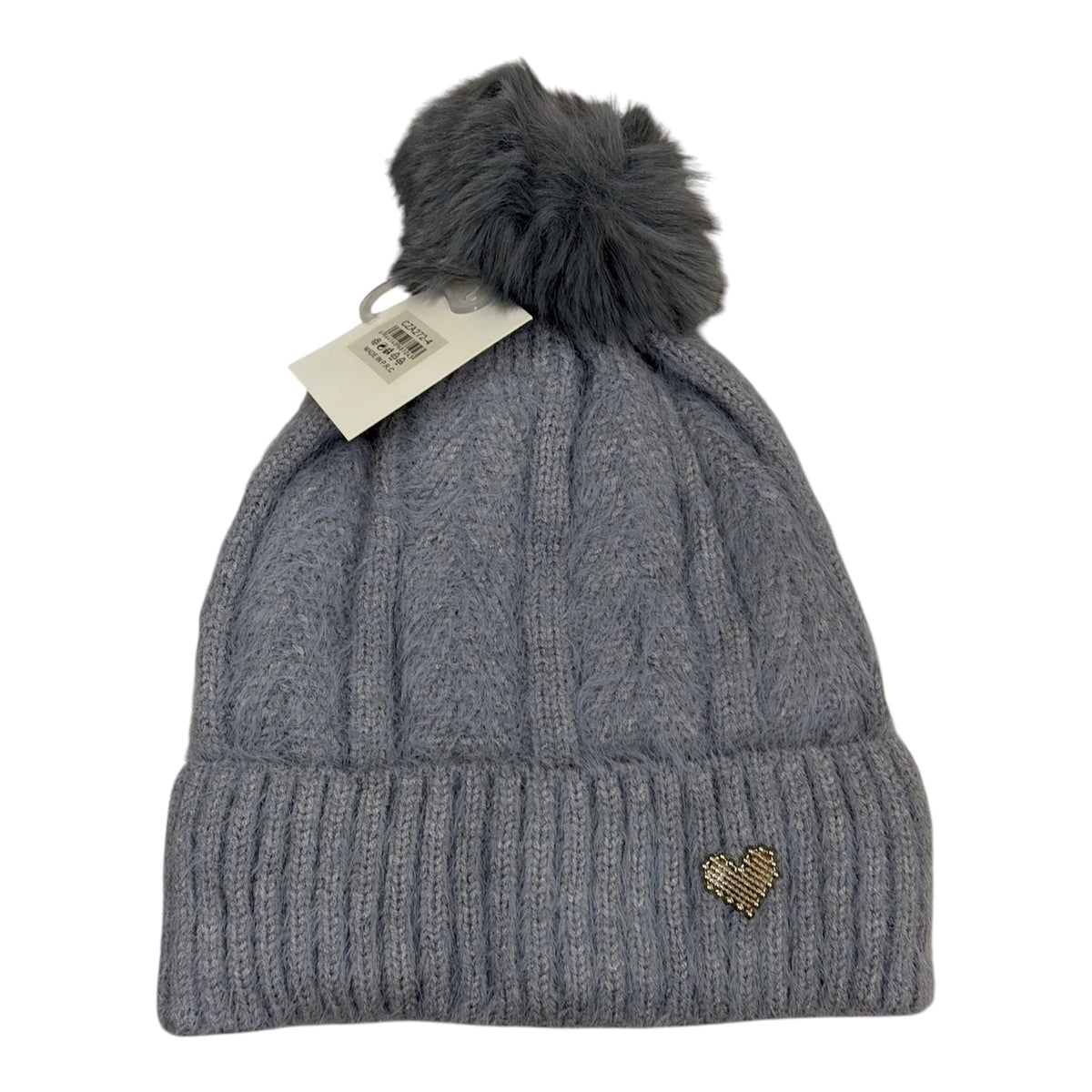 Bonnet tricot torsadé avec pompon et petit cœur (x12)#4