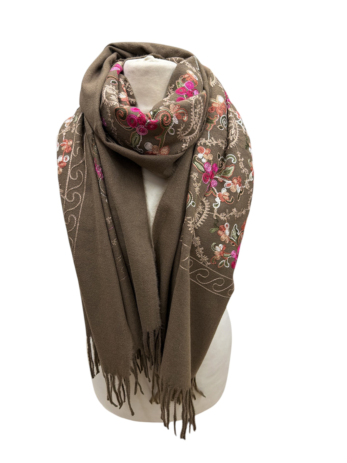 Grande écharpe‑châle à broderies florales colorées. (X10)