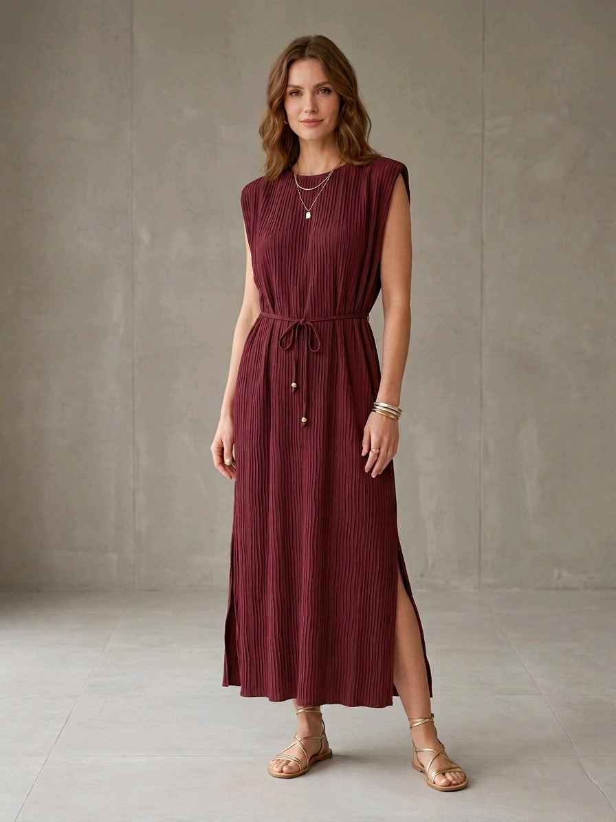 Robe longue plissée avec épaulettes col Élastiqué(x8)