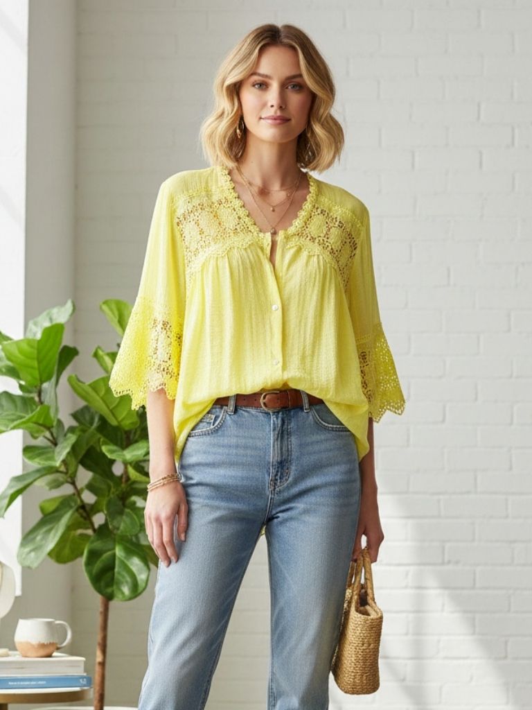 Chemise bohème-chic
Col en V avec finitions dentelle
Manches évasées au coude(x6)