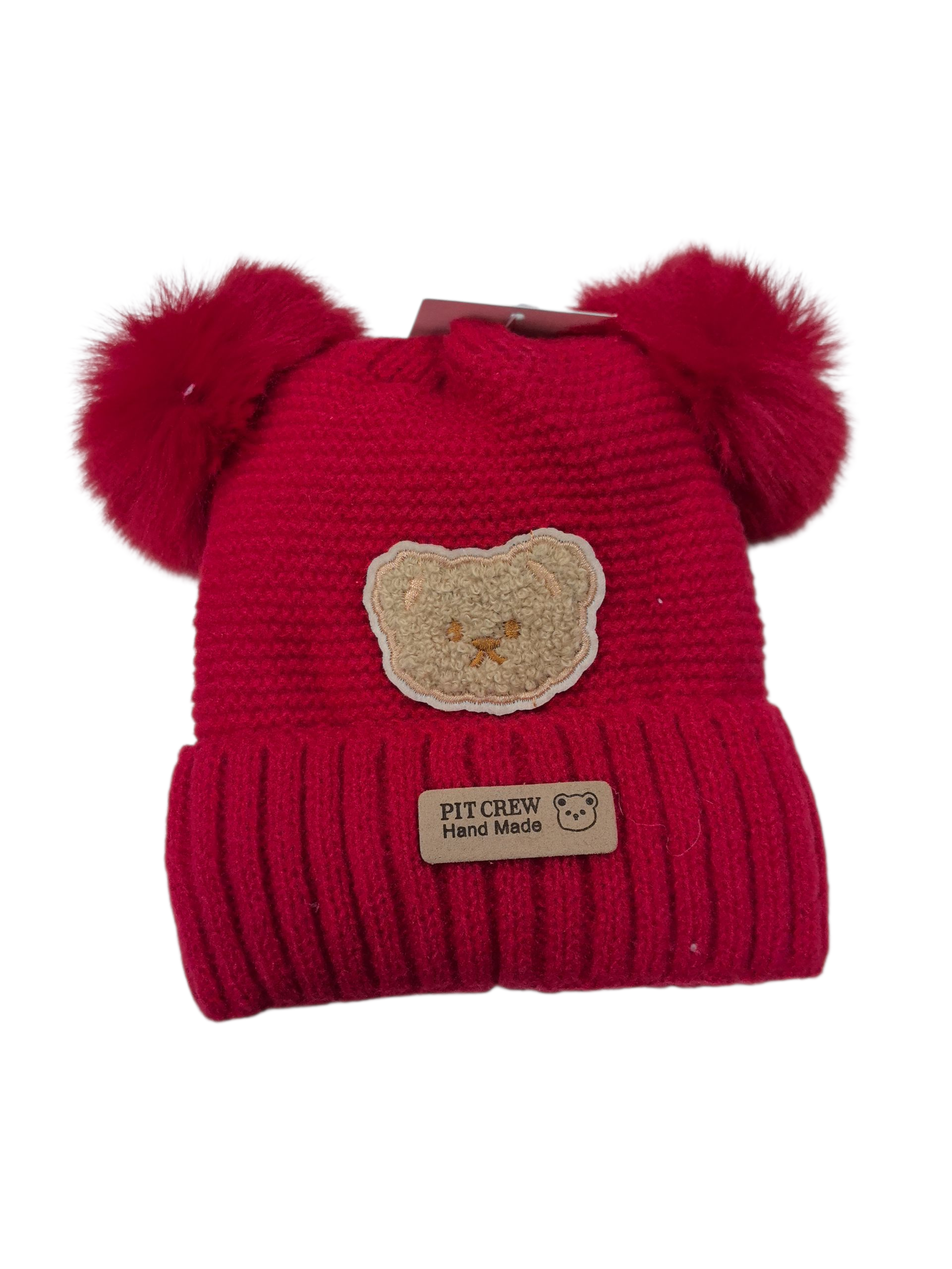 Bonnet double pompon motif ours (x12)