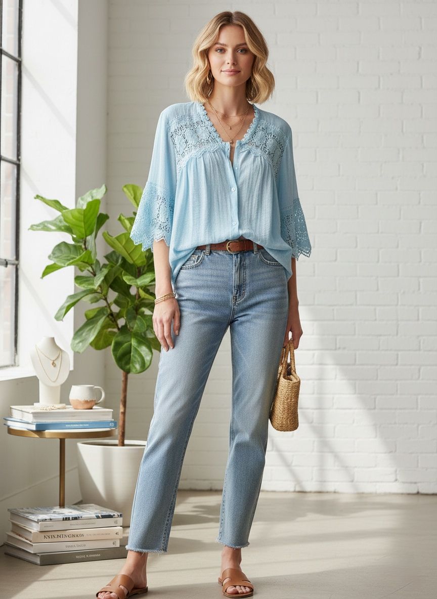 Chemise bohème-chic
Col en V avec finitions dentelle
Manches évasées au coude(x6)