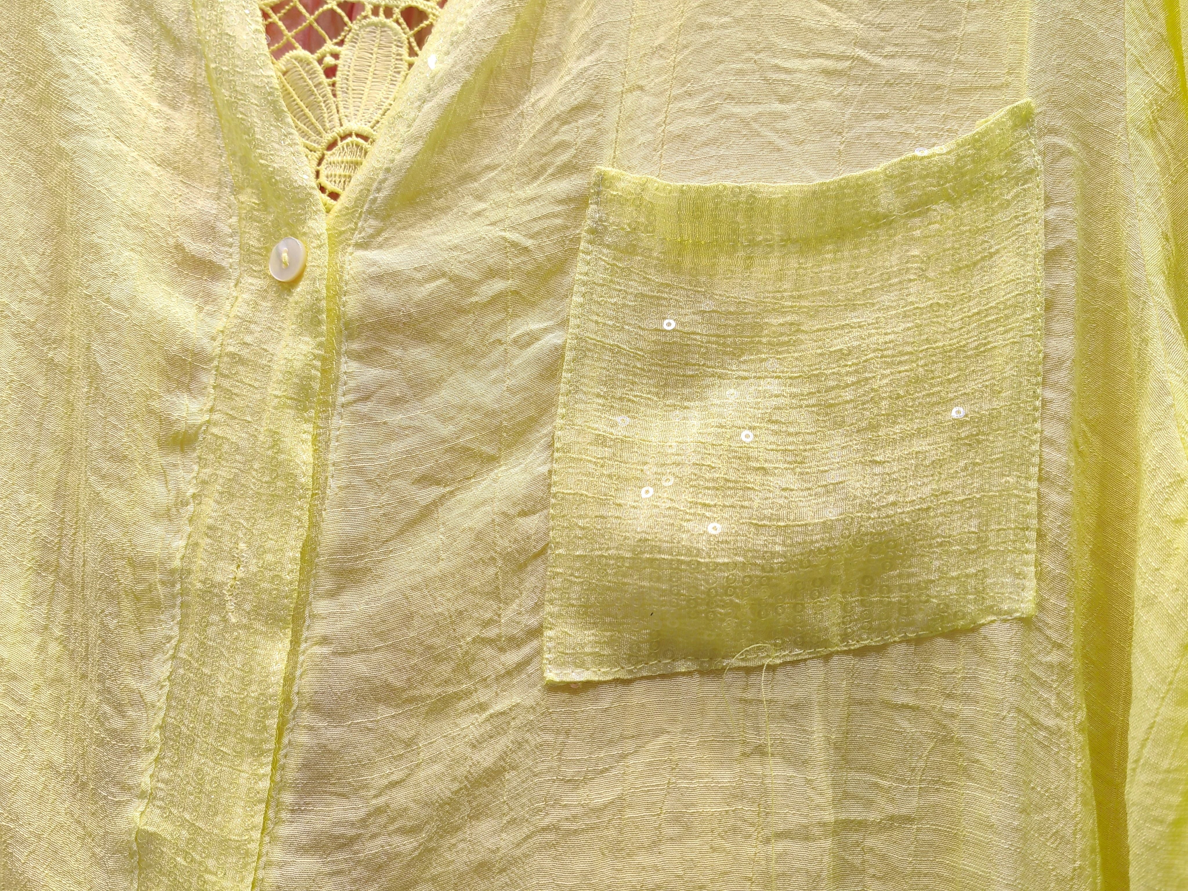 Chemise à col officier
délicates paillettes transparentes brodées le long de la patte de boutonnage et sur le bord de la poche poitrine(x8)