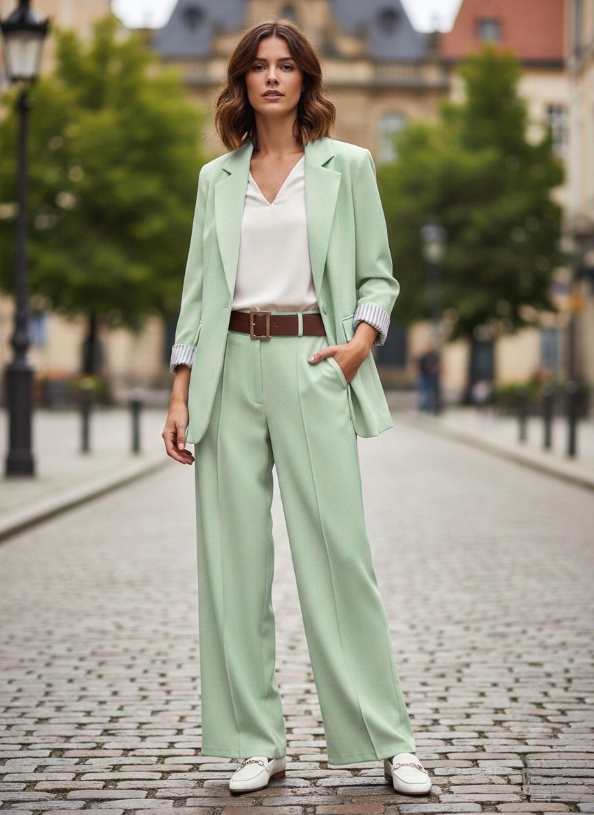 Un Tailleur-Pantalon Coupe Large.
Blazer Avec Un Bouton Doré Et Pantalon Avec Ceinture. La Doublure À Rayures (x4)