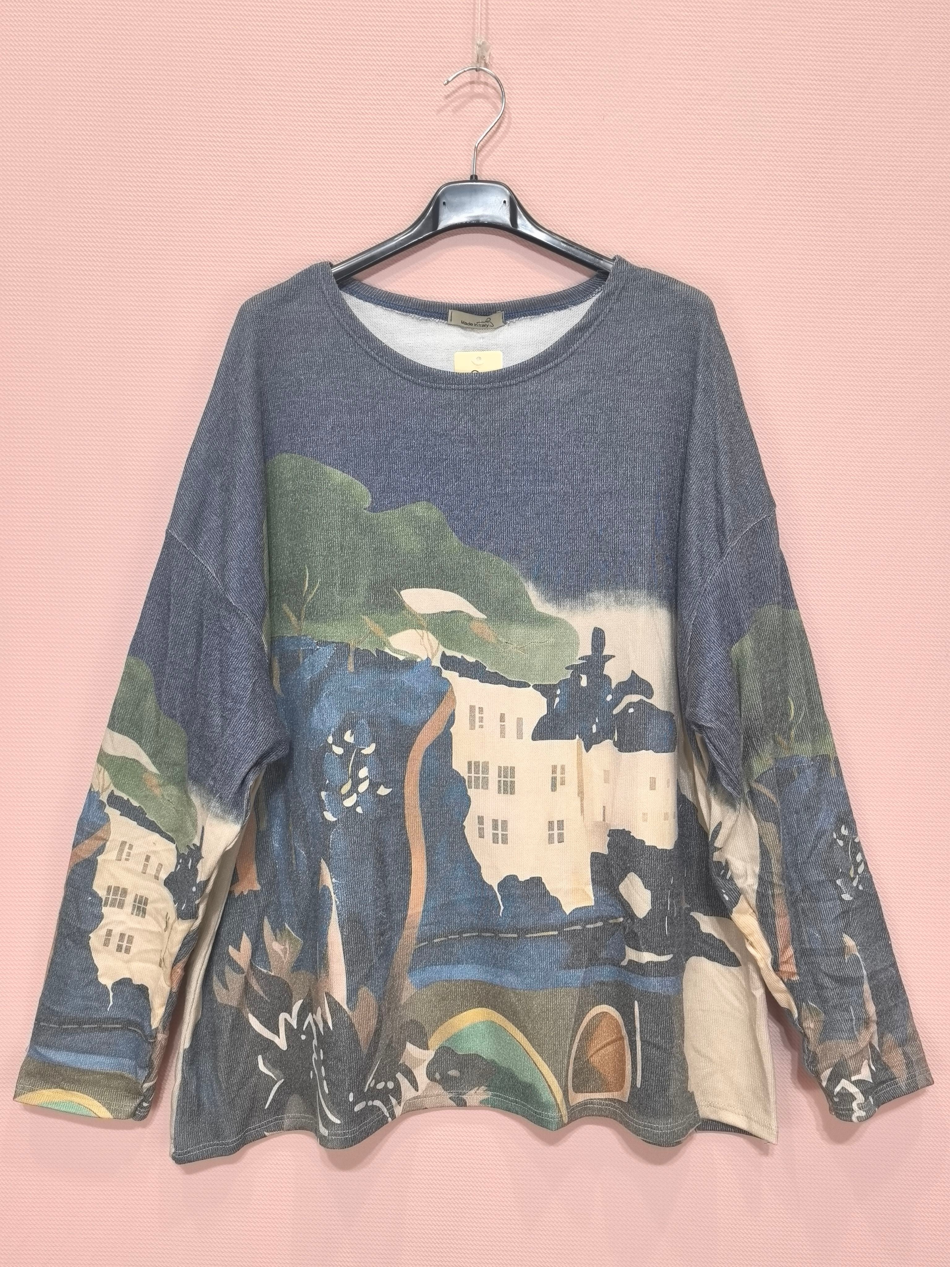 Pull léger à imprimé artistique – coupe ample, col rond (x6)