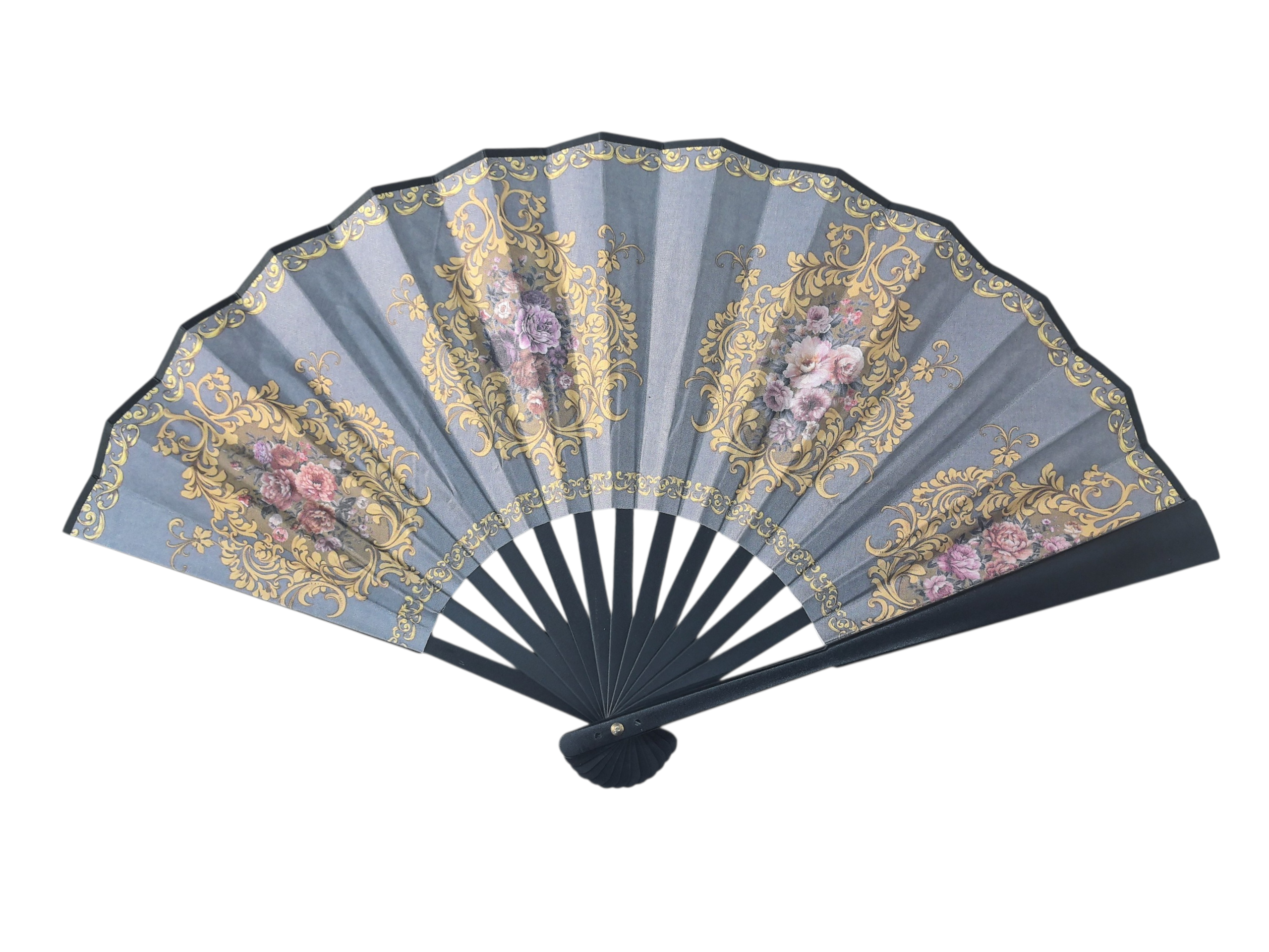 Éventail Pliant Style Baroque Français - Motifs Floraux Dorés (x12)#28