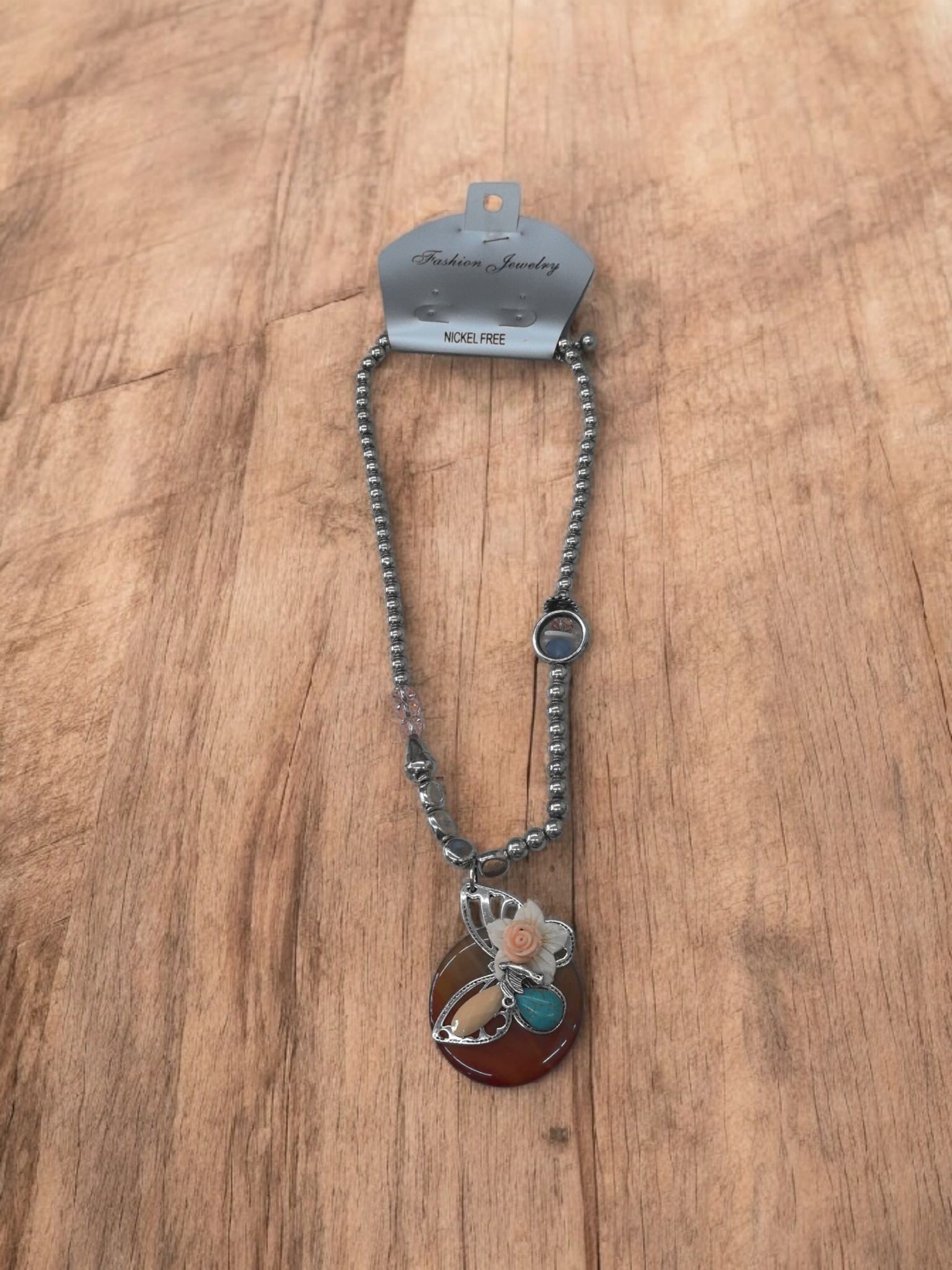 Collier sautoir fantaisie pierre précieuse papillon(x3)