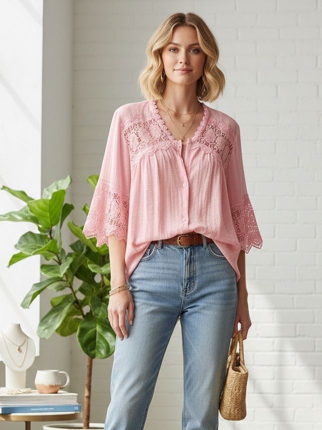 Chemise bohème-chic
Col en V avec finitions dentelle
Manches évasées au coude(x6)