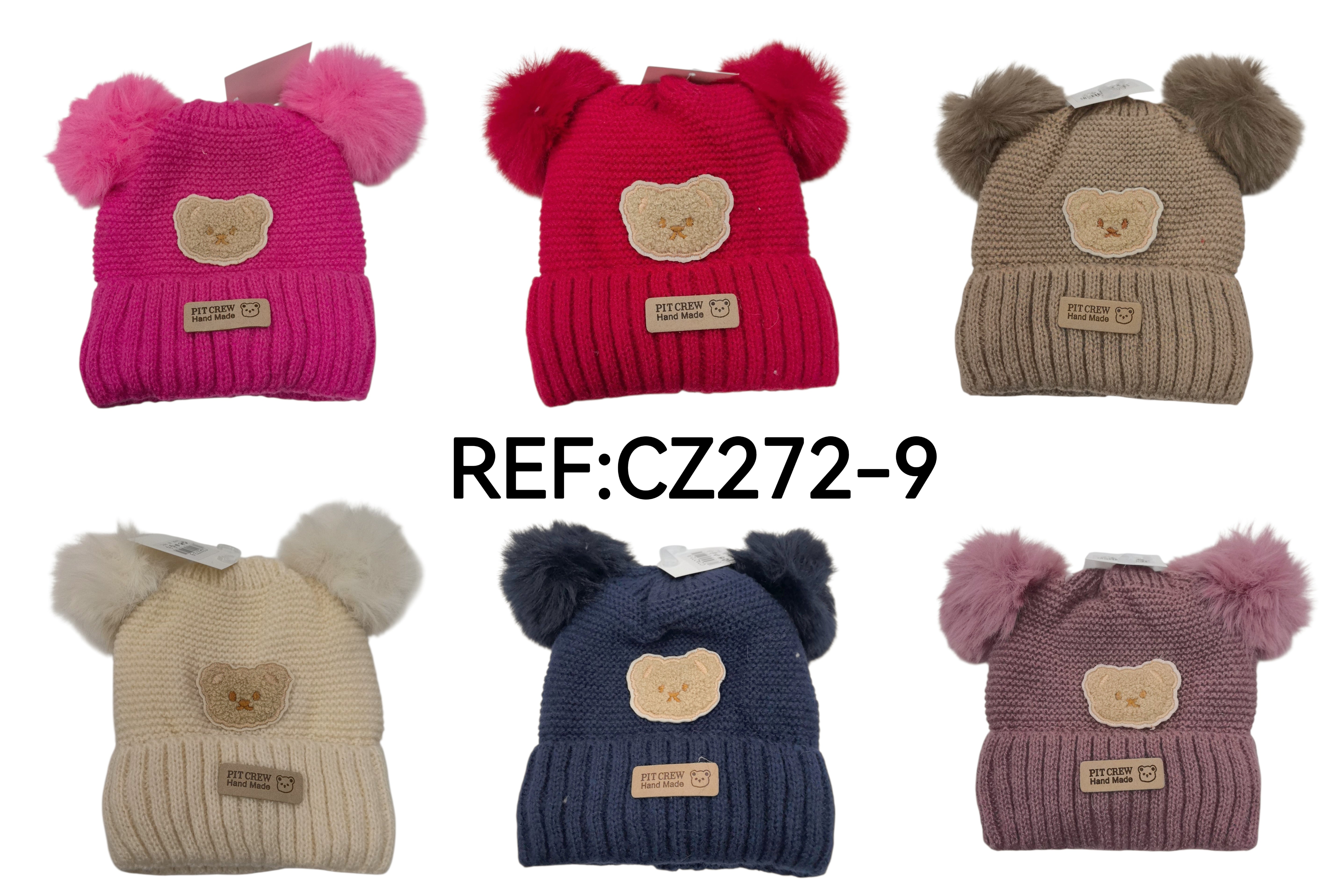 Bonnet double pompon motif ours (x12)