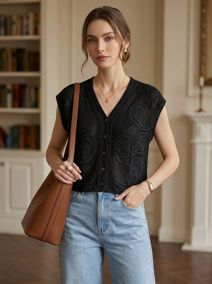 Gilet sans manches en maille crochetée à motifs cachemire(x6)