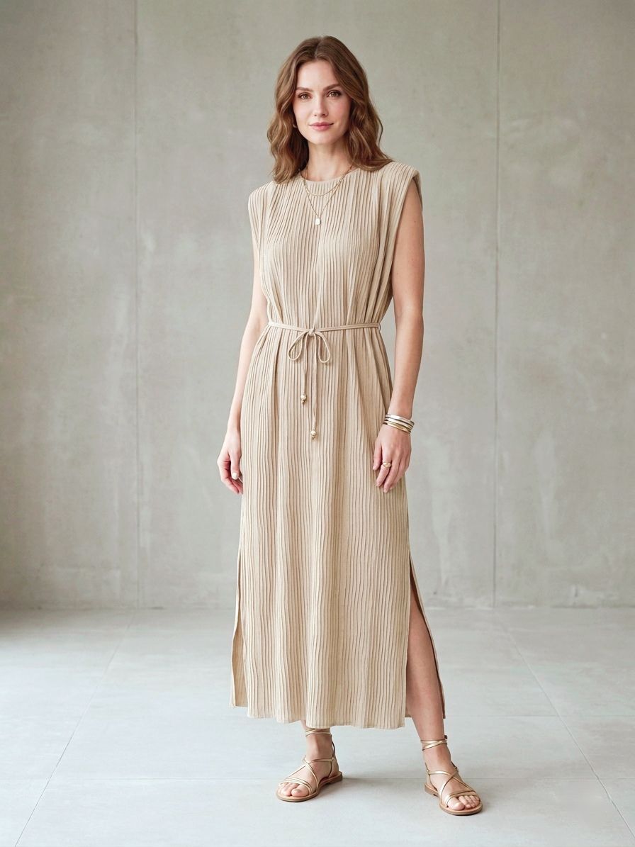 Robe longue plissée avec épaulettes col Élastiqué(x8)