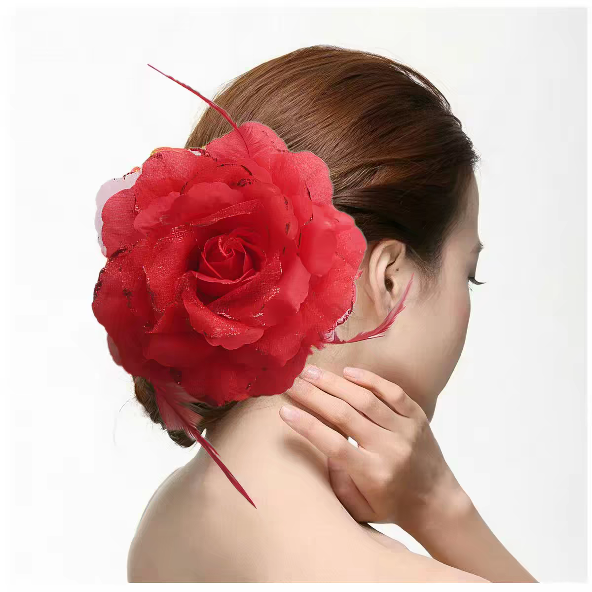 Barrette fleur avec plumes – épingle de corsage + élastique + pince (x12)