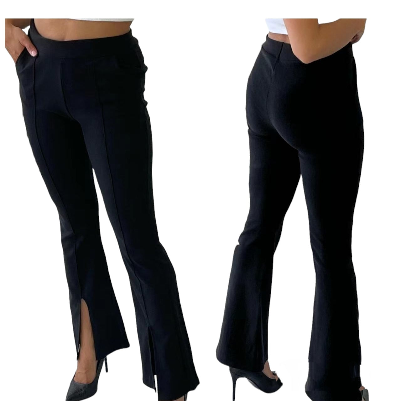 Pantalon couleurs unis libre en bas ouvert à bifurcation (x12