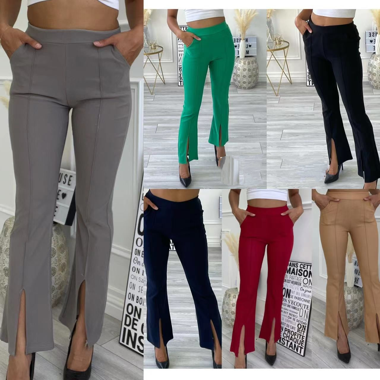Pantalon couleurs unis libre en bas ouvert à bifurcation (x12