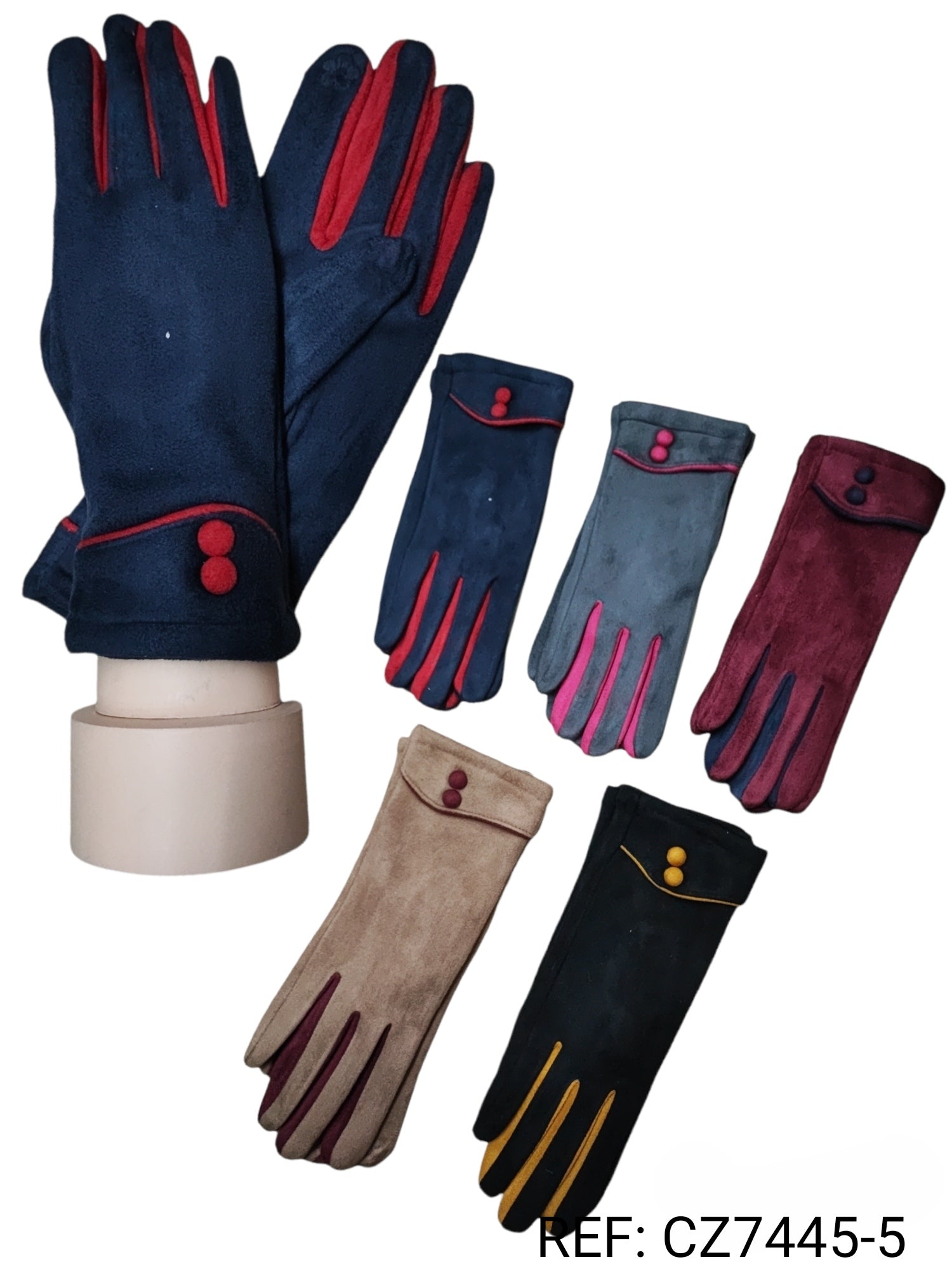 Gants tactiles motif Barre de couleur à deux boutons à bride en suède (x12)