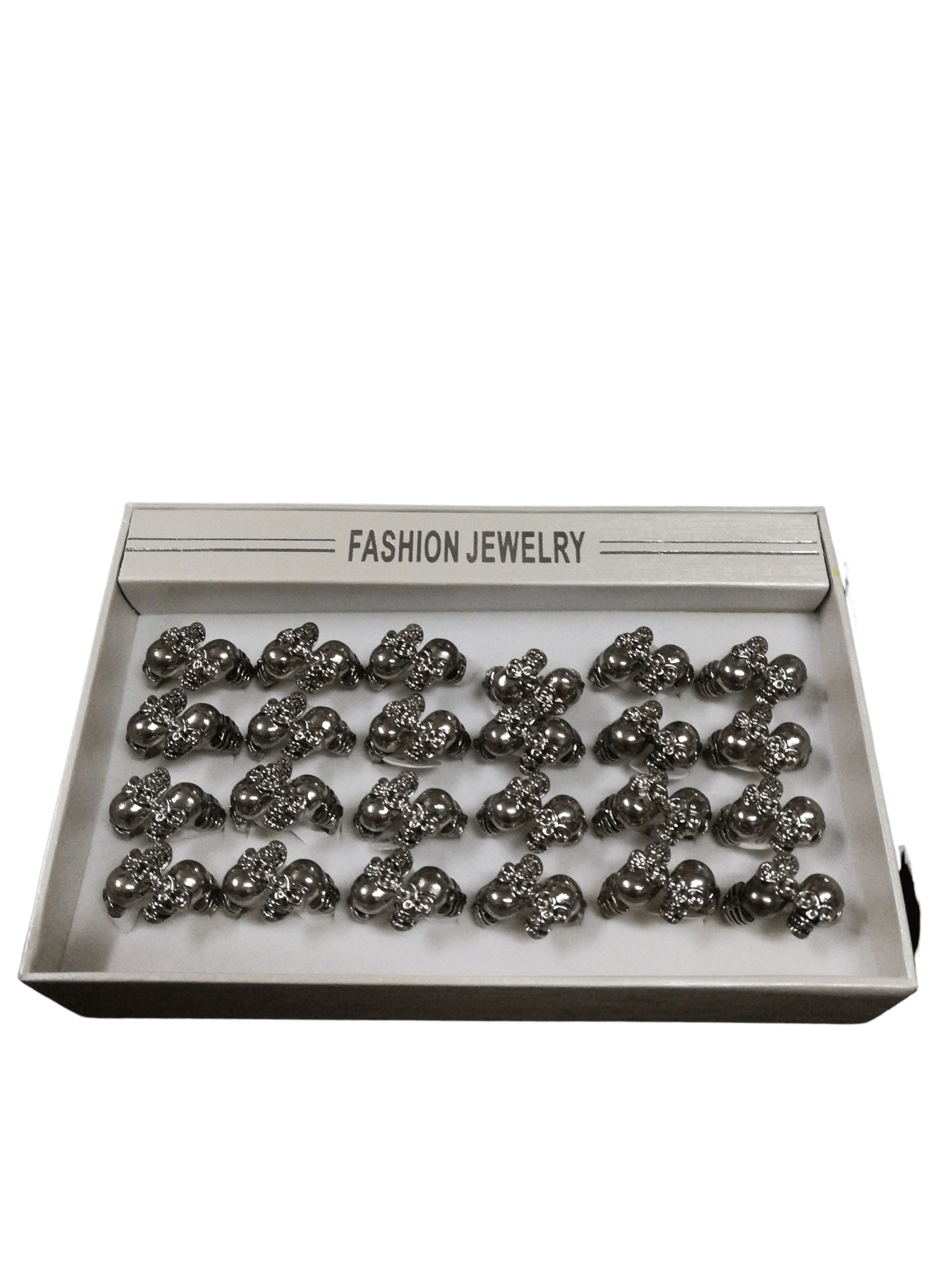 Boîte bagues homme acier inox double tête de mort (x24) 1,50€/unité | Grossiste-pro