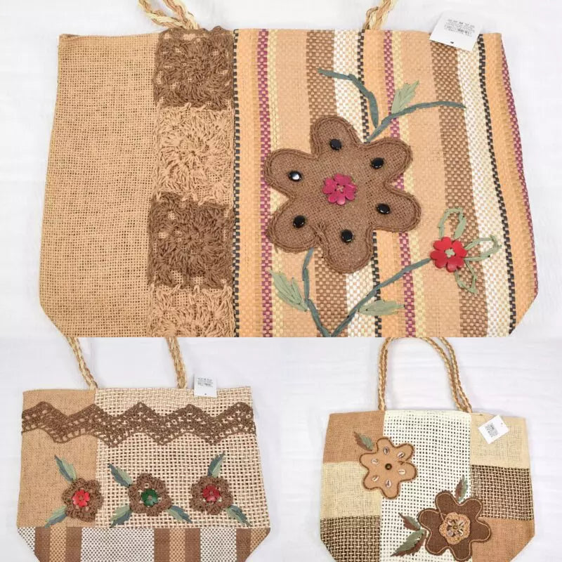 Sac paille fourre-tout fleur (x6)