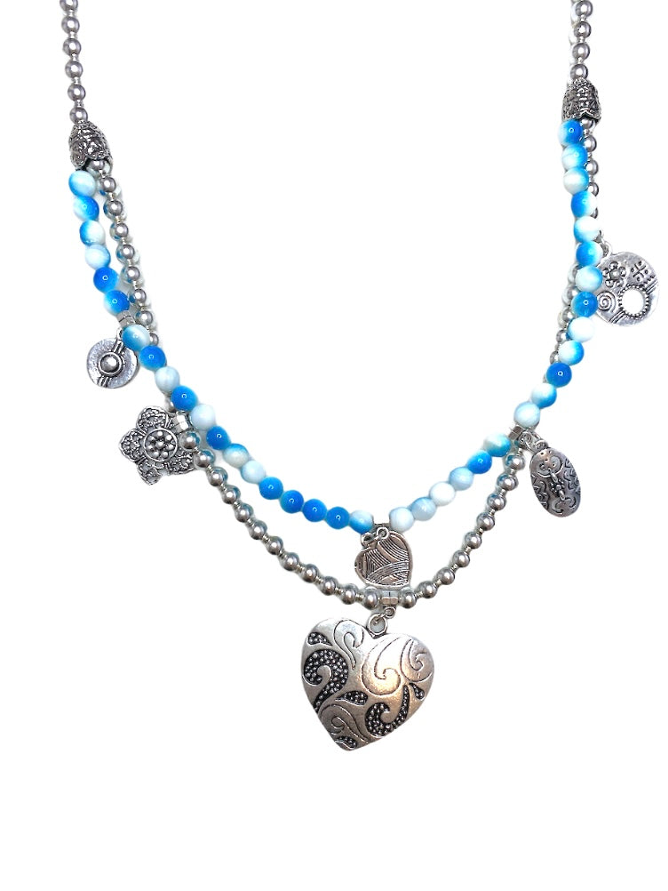 Collier sautoir fantaisie double bleu