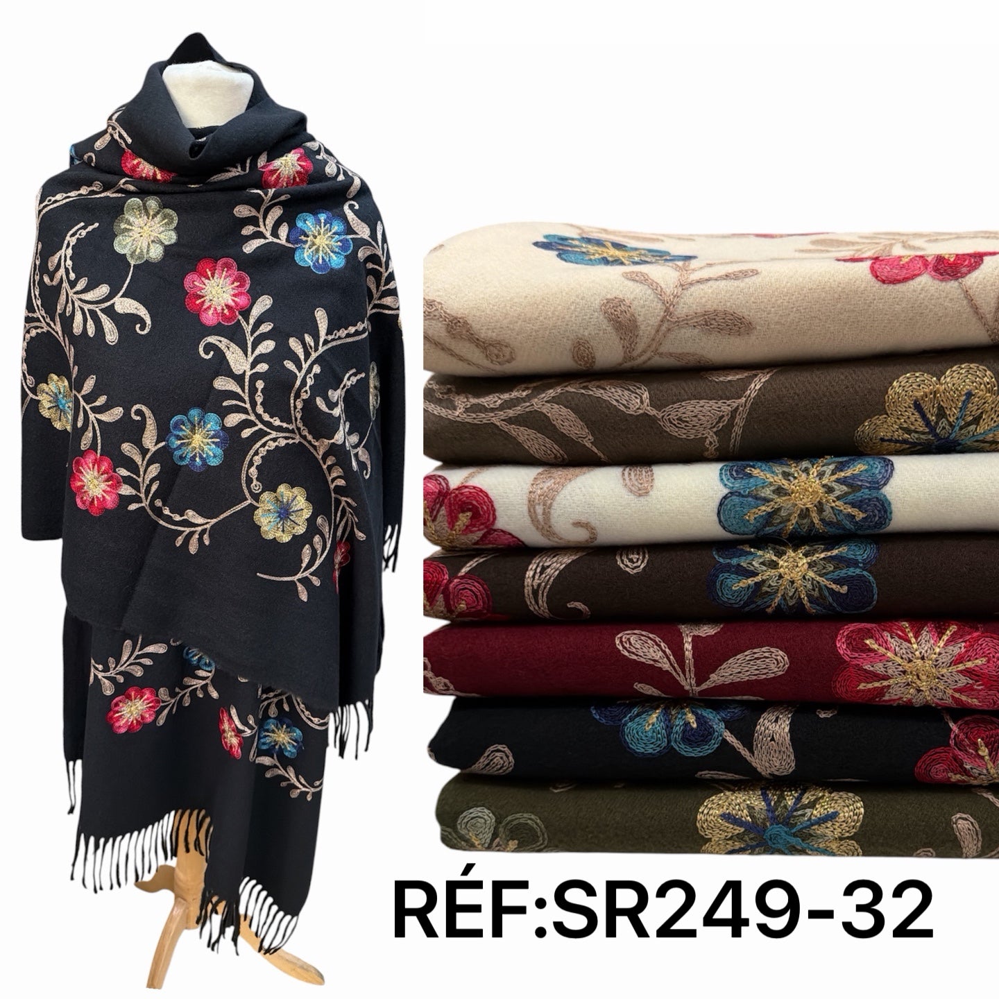 Grande écharpe‑châle à broderies florales colorées. (X8)