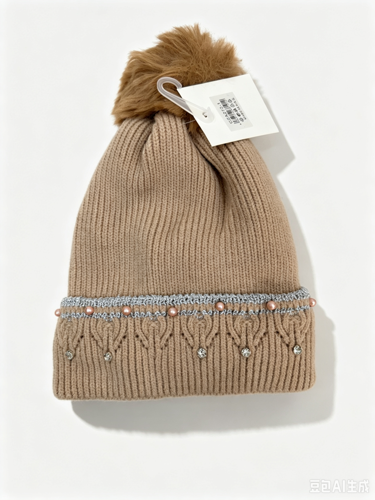 Bonnet en tricot doux avec pompon et strass(x12)