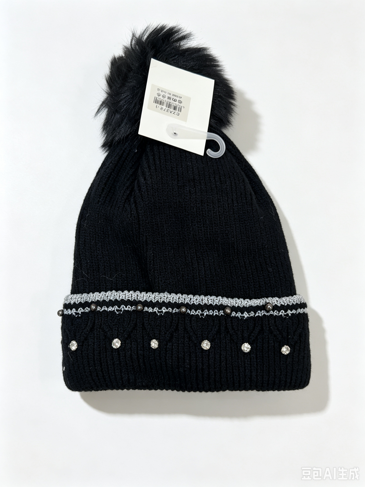 Bonnet en tricot doux avec pompon et strass(x12)