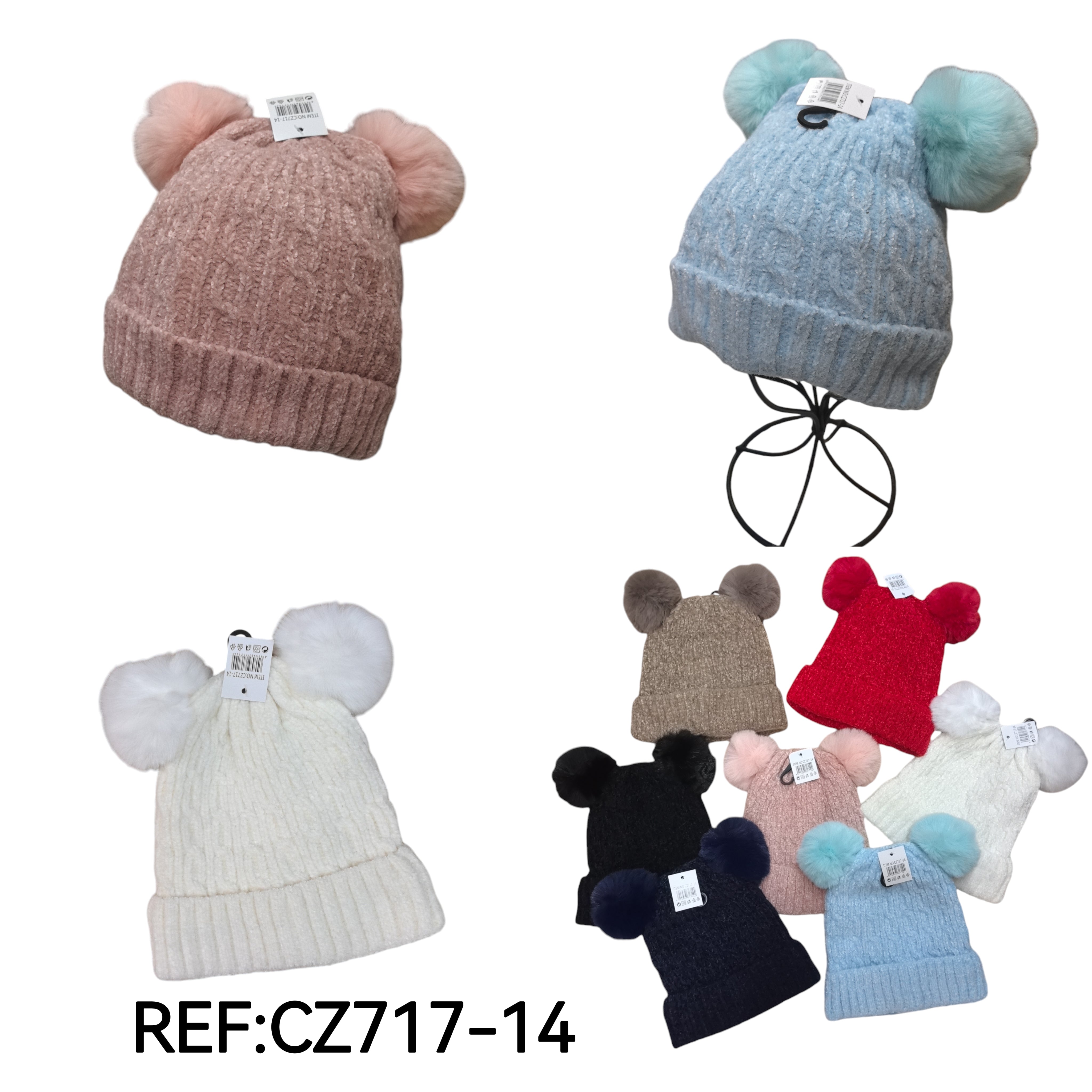 Bonnet chic à double pompon pour enfant (x12)