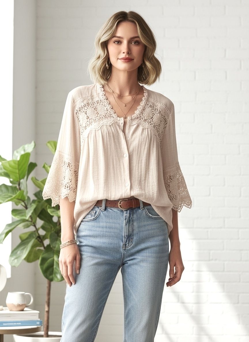 Chemise bohème-chic
Col en V avec finitions dentelle
Manches évasées au coude(x6)