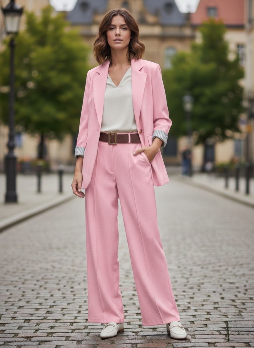 Un Tailleur-Pantalon Coupe Large. 
Blazer Avec Un Bouton Doré Et Pantalon Avec Ceinture. La Doublure À Rayures (x4)