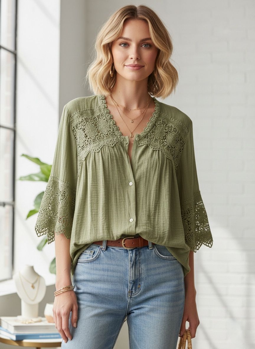 Chemise bohème-chic
Col en V avec finitions dentelle
Manches évasées au coude(x6)