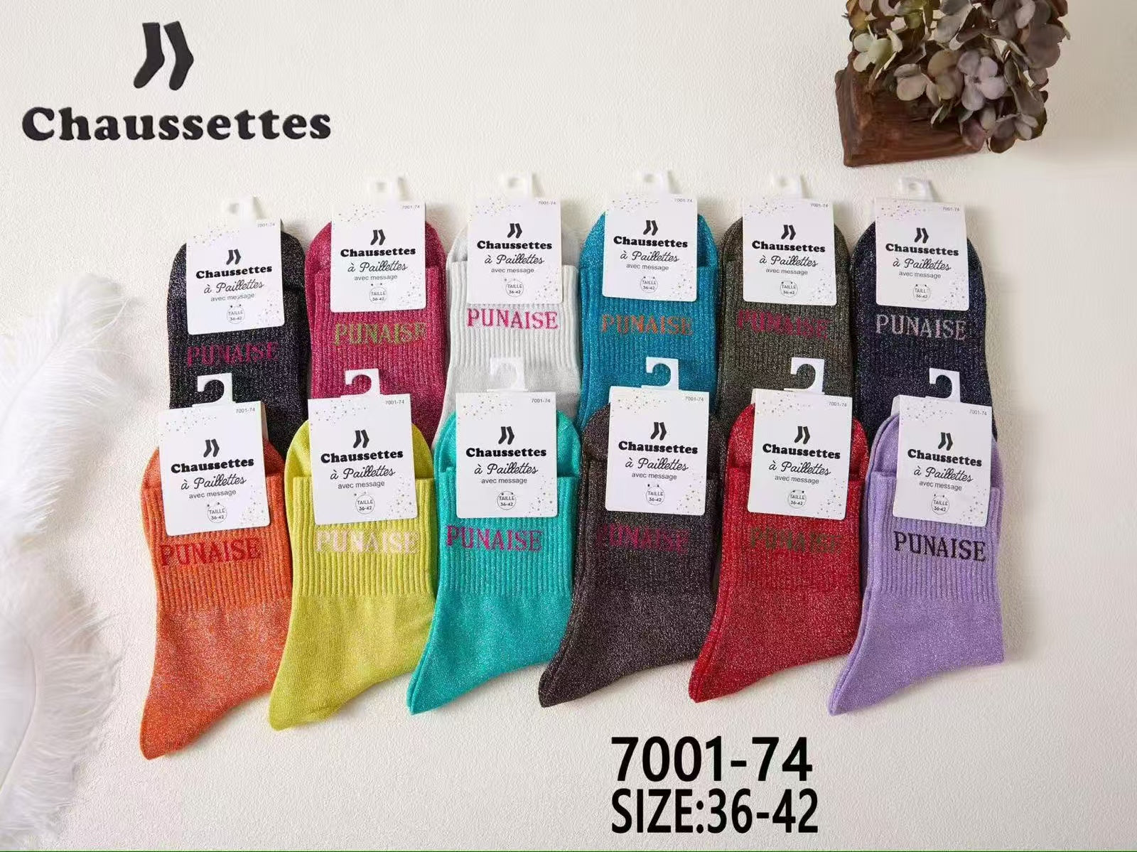 chaussette paillettes avec message(×12)7001