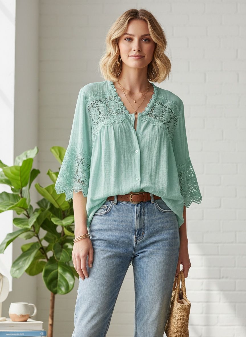 Chemise bohème-chic
Col en V avec finitions dentelle
Manches évasées au coude(x6)