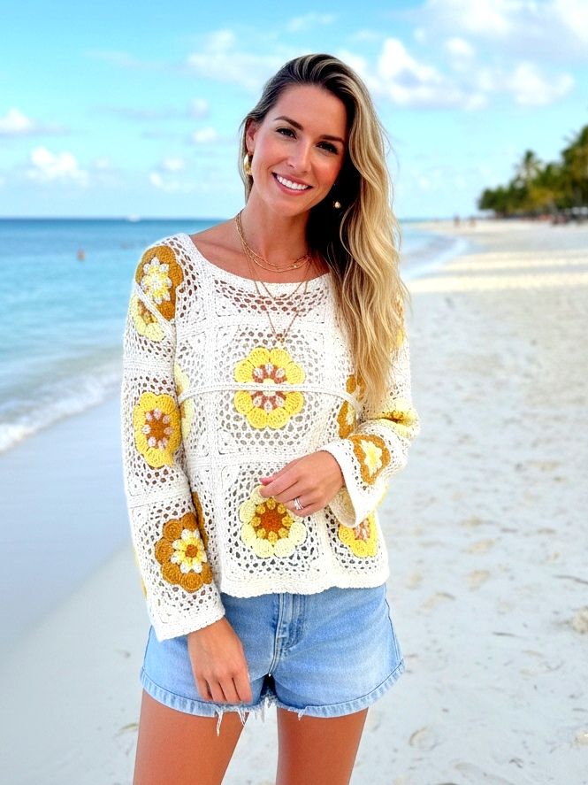 Haut en crochet à motifs floraux(x6)