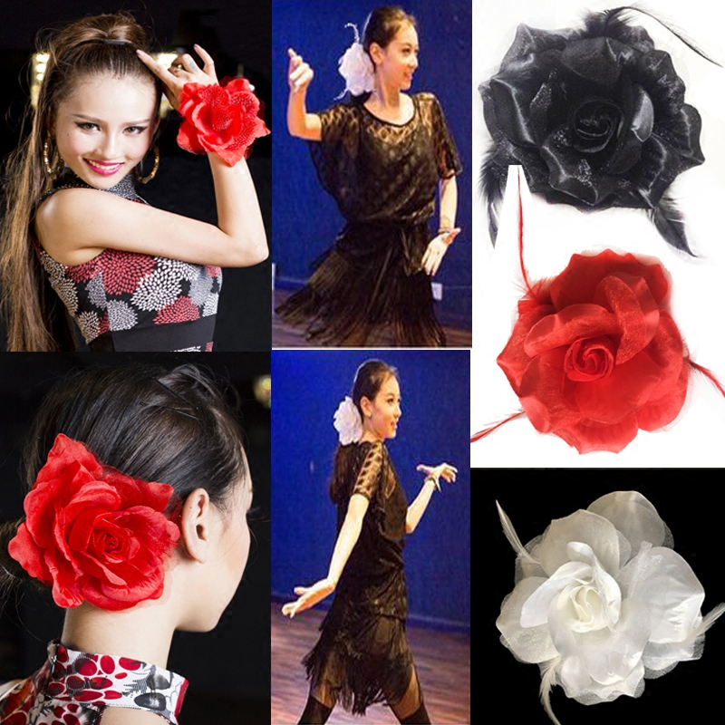 Barrette fleur avec plumes – épingle de corsage + élastique + pince (x12)
