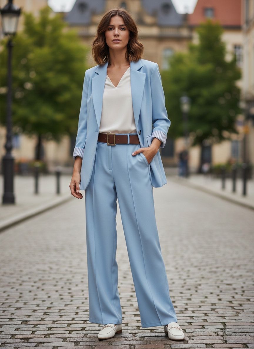 Un Tailleur-Pantalon Coupe Large. 
Blazer Avec Un Bouton Doré Et Pantalon Avec Ceinture. La Doublure À Rayures (x4)