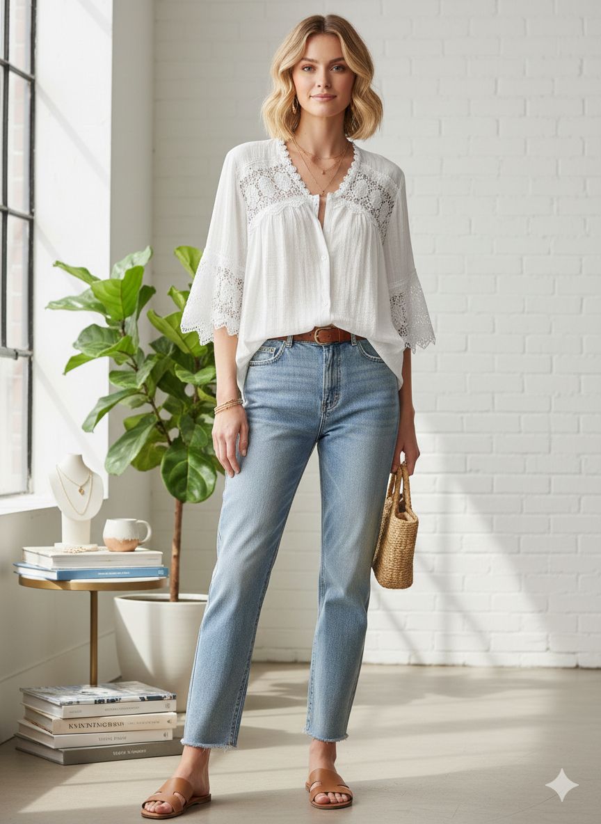 Chemise bohème-chic
Col en V avec finitions dentelle
Manches évasées au coude(x6)