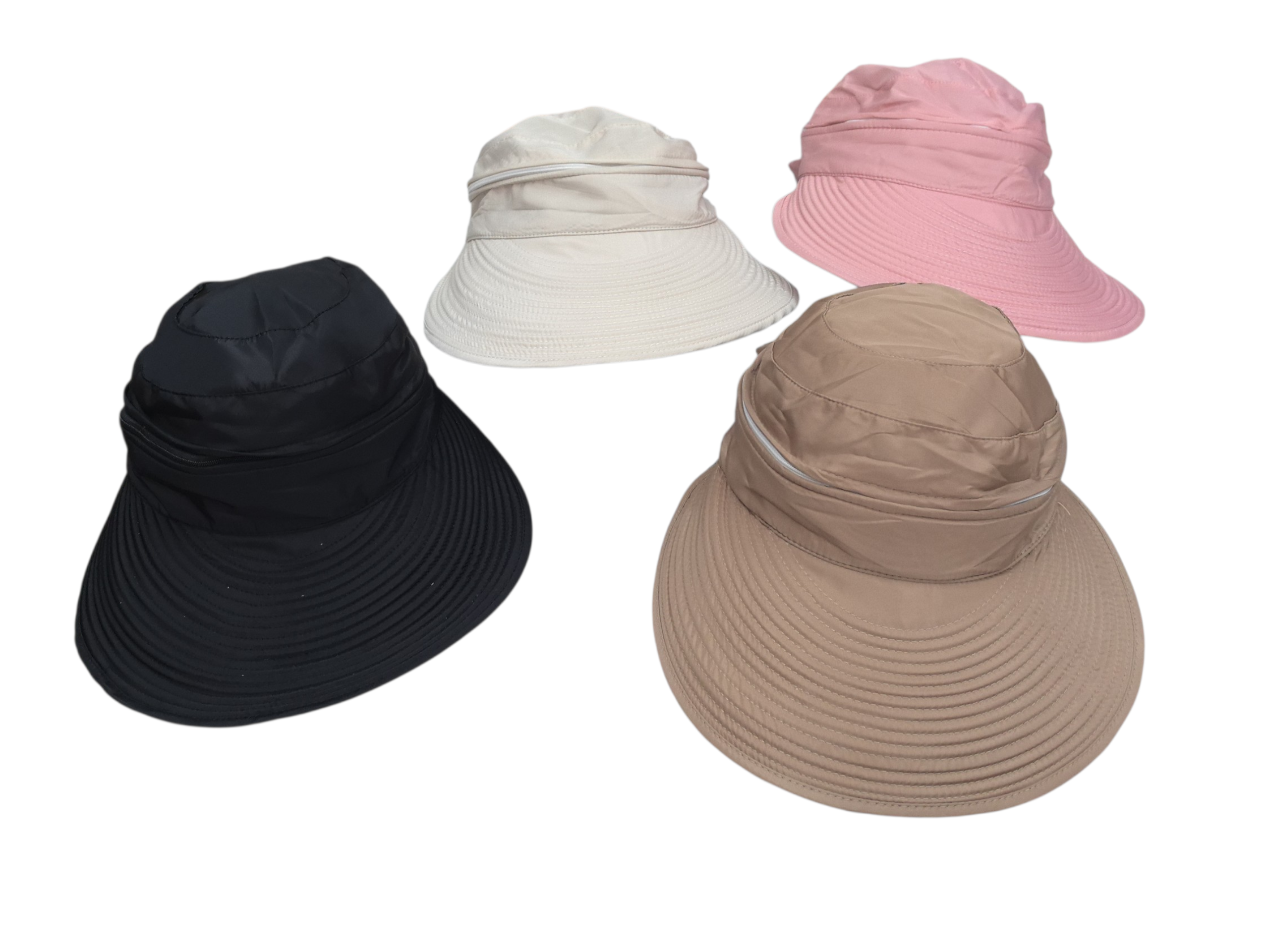 Chapeau solaire 2-en-1 à zip, visière extra-large sans dessus, protection anti-UV pour femme (x12)