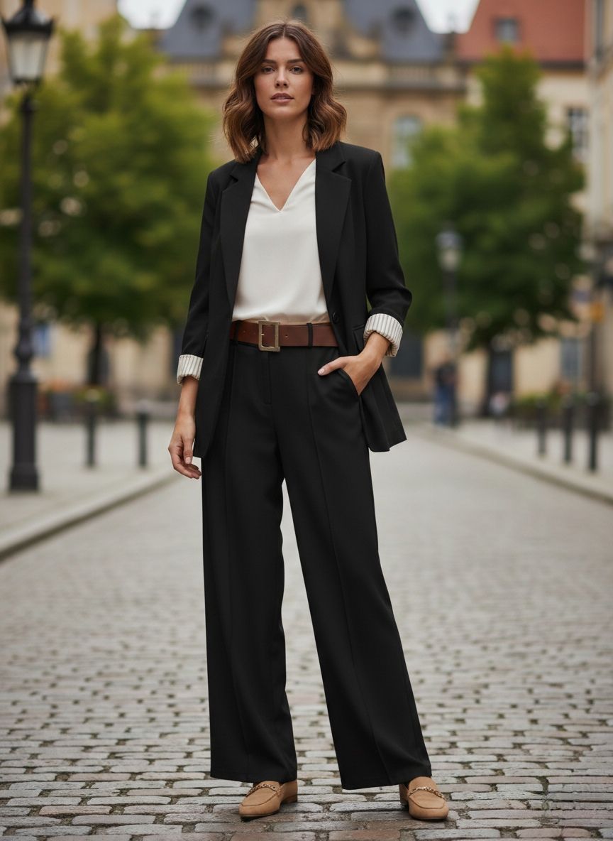 Un Tailleur-Pantalon Coupe Large. 
Blazer Avec Un Bouton Doré Et Pantalon Avec Ceinture. La Doublure À Rayures (x4)