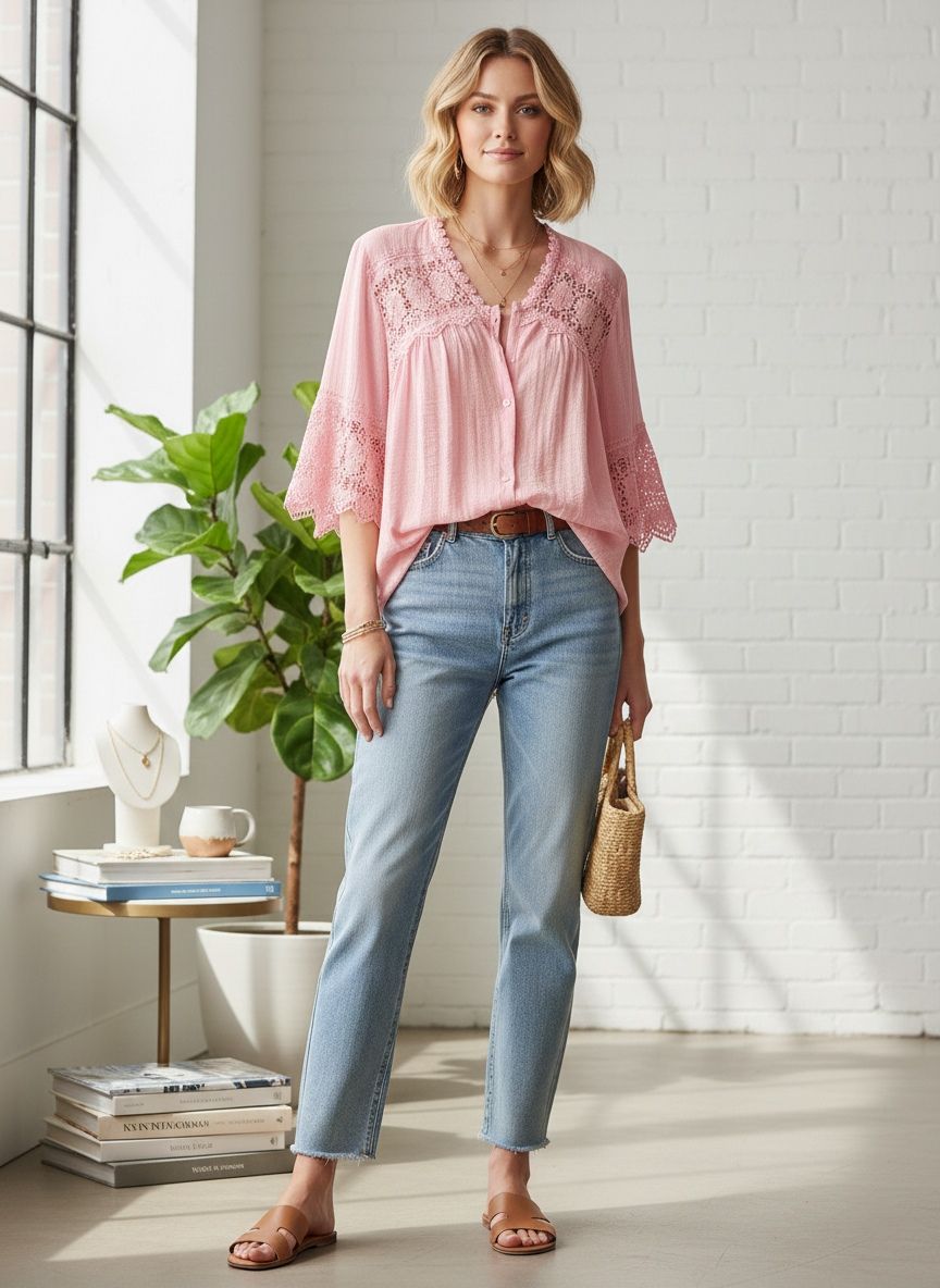 Chemise bohème-chic
Col en V avec finitions dentelle
Manches évasées au coude(x6)