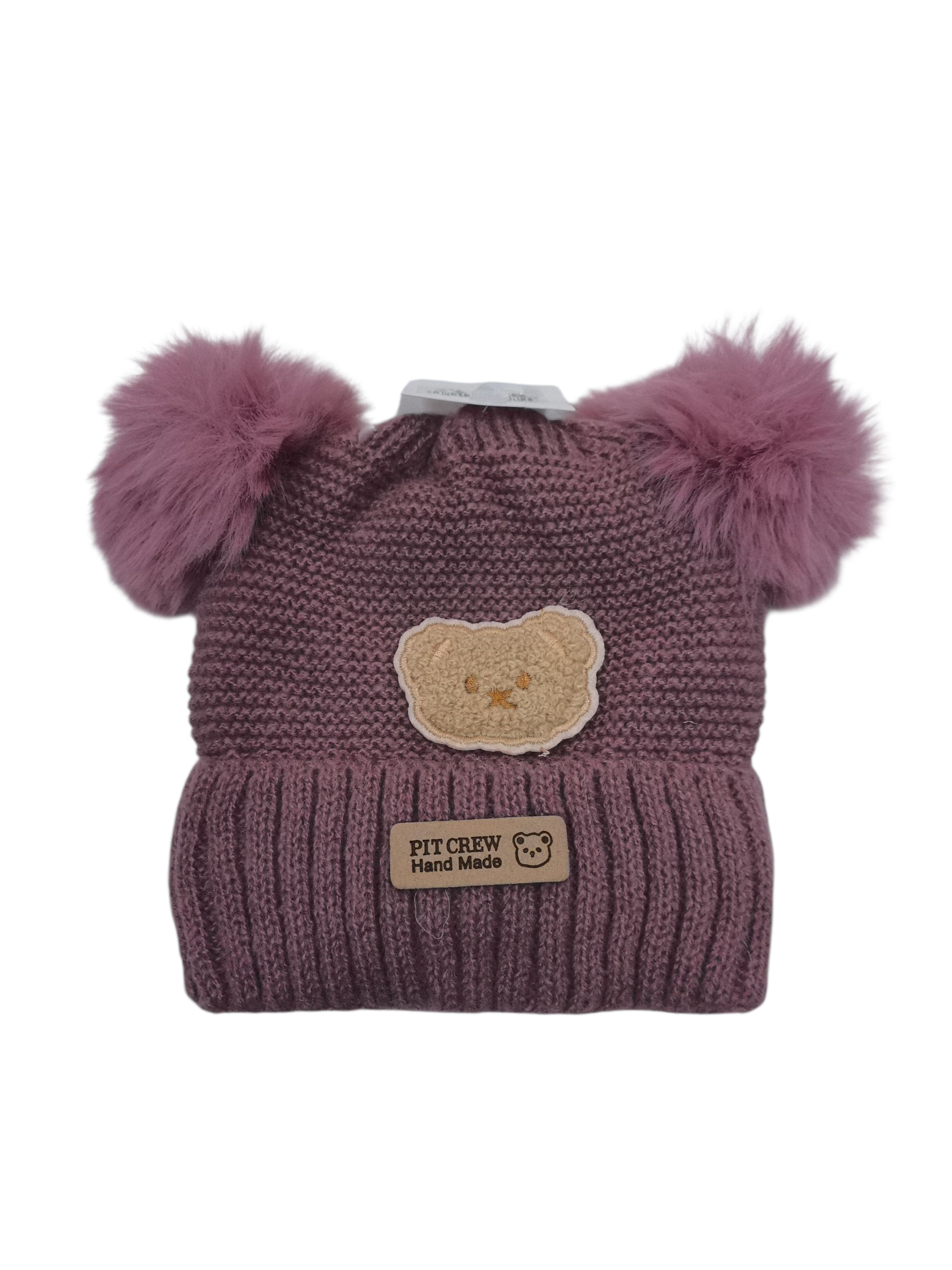 Bonnet double pompon motif ours  (x12)