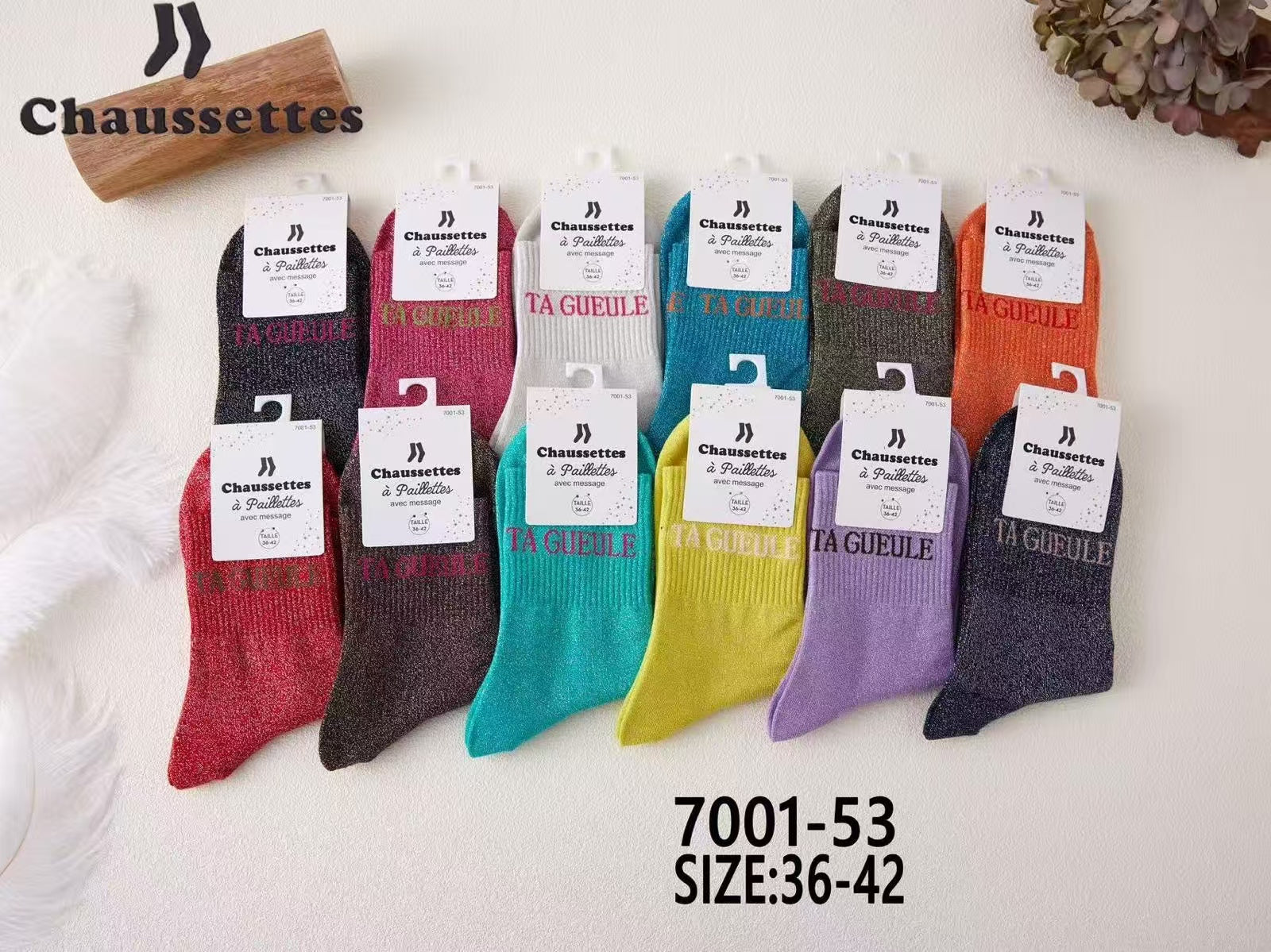 chaussette paillettes avec message(×12)7001